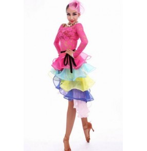 Hot pink fuchsia lace long sleeves see through tops rainbow wrap hip scarf irregular hem skirt competition women's ladies female latin dance dresses 